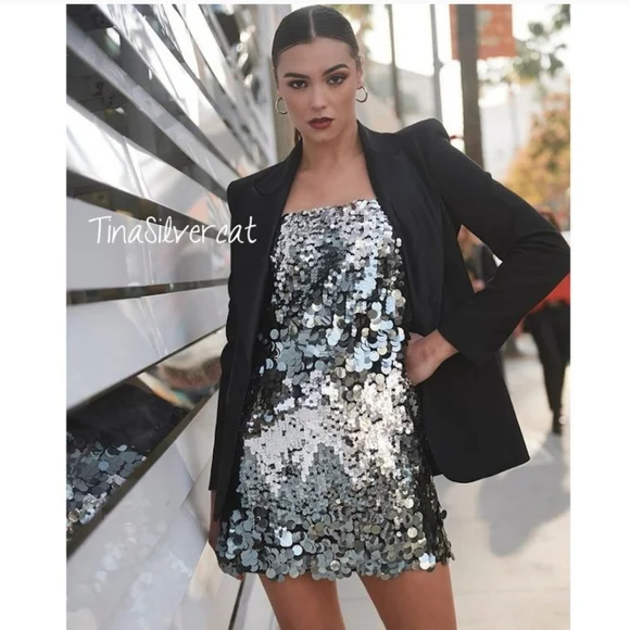 Zara BLOGGER'S FAVE! Silver Sequin Mini Dress - Picture 2 of 13